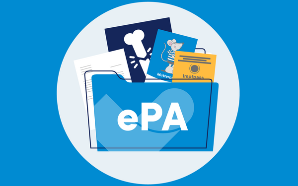 Ein blauer Ordner mit der Aufschrift „ePA“ enthält medizinische Dokumente, darunter Röntgenbilder, eine Mausgrafik und einen Impfausweis, vor einem kreisförmigen blau-weißen Hintergrund.